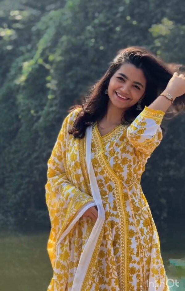 Yellow Cotton Anarkali Suit - Image 3