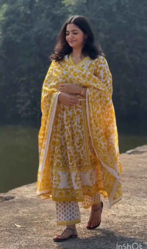 Yellow Cotton Anarkali Suit - Image 4