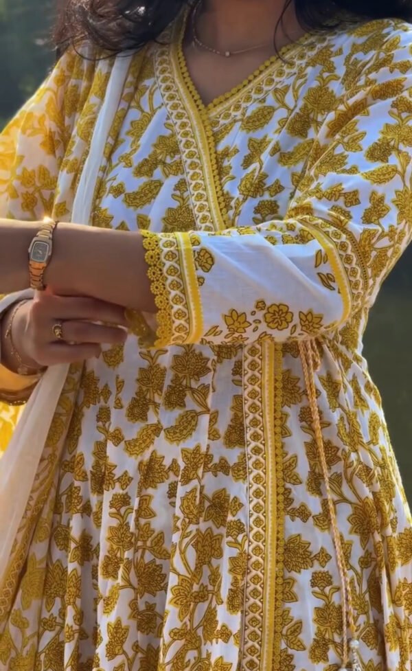 Yellow Cotton Anarkali Suit - Image 2